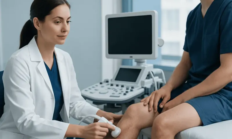 Medical professional performing an ultrasound on a patient's leg in a clinical setting.