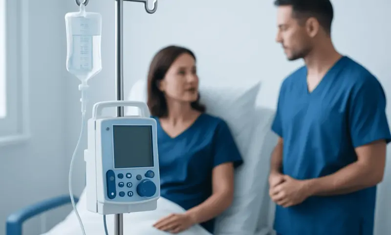 Hospital patient with IV drip and medical staff in a clinical setting.