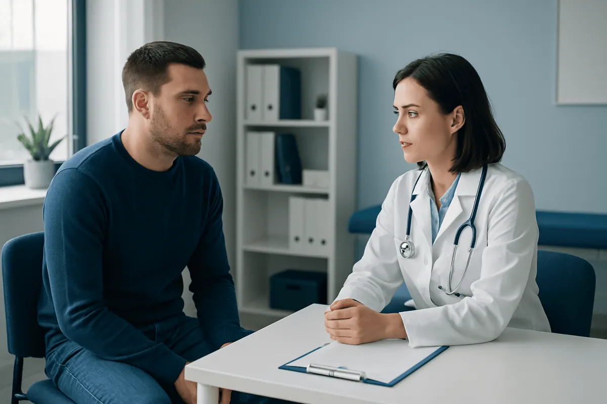 Doctor consulting with a male patient in a modern medical office.