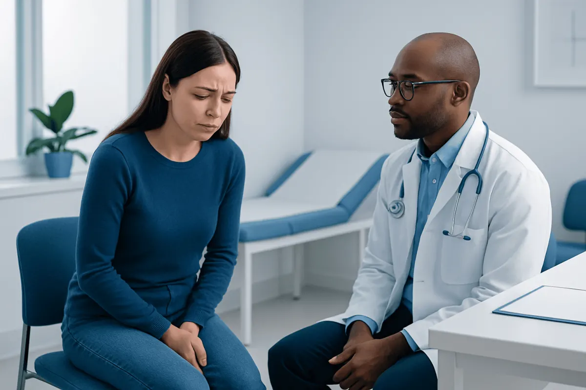 Female patient consulting with a male doctor in a medical office.