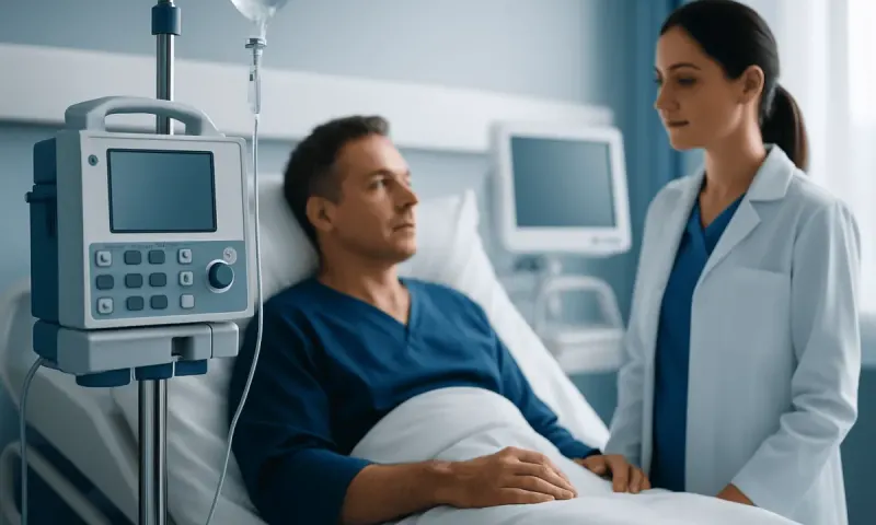 Hospital patient with medical staff in a clinical setting.