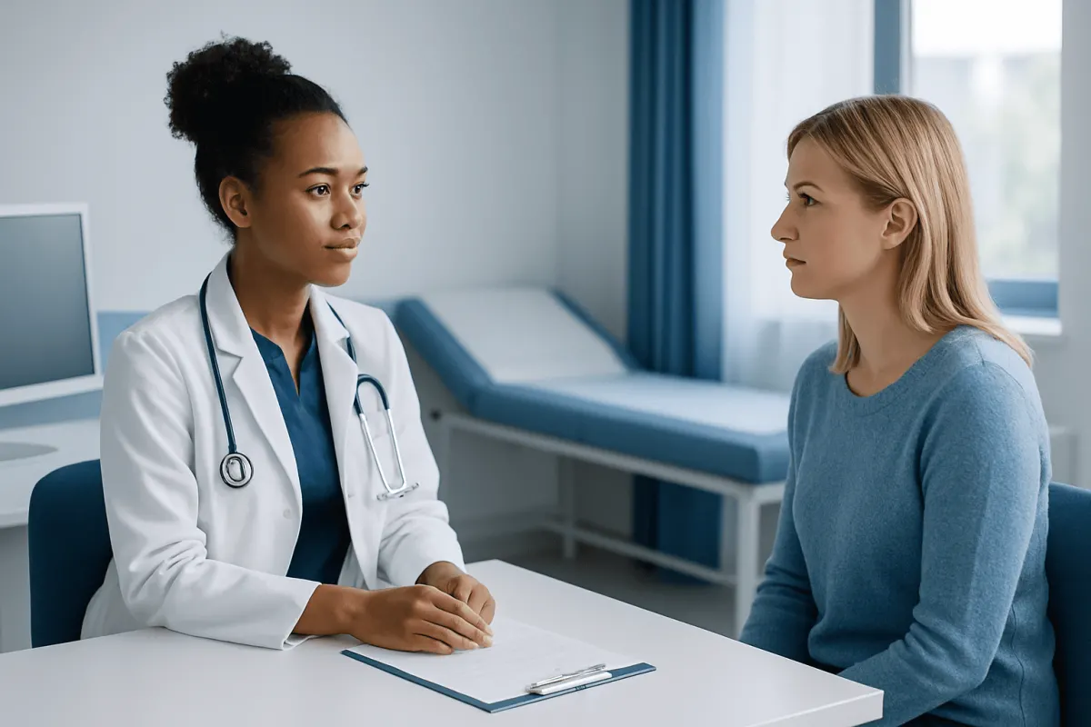 Doctor consulting with a patient in a hospital room.