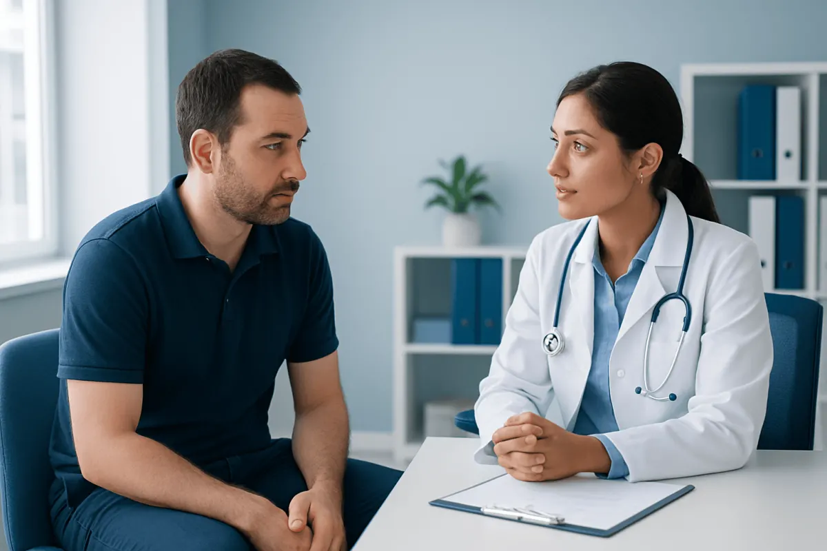 Doctor consulting male patient in a medical office setting.