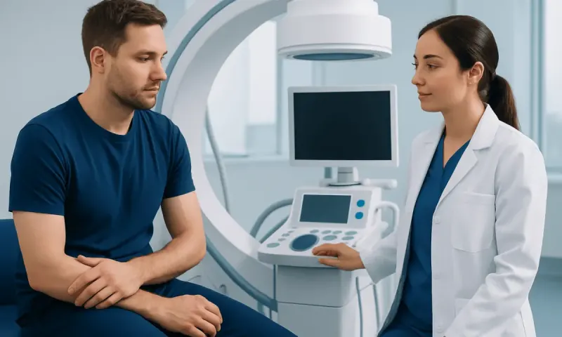 Doctor consulting with patient in a medical examination room at Acibadem Hospitals.