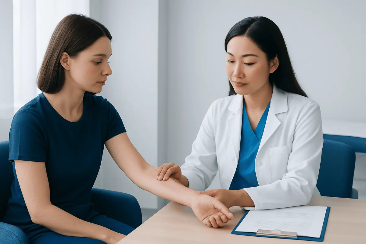 Doctor examining patient's arm in a consultation room.