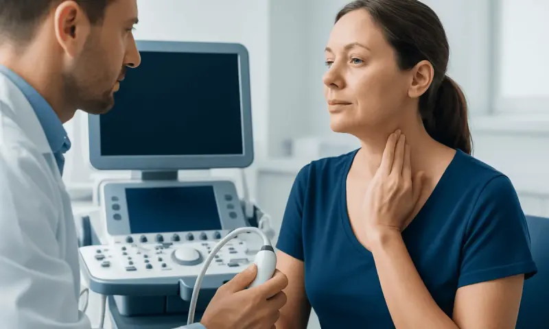 Doctor examines a woman with a neck ultrasound device in a clinical setting.