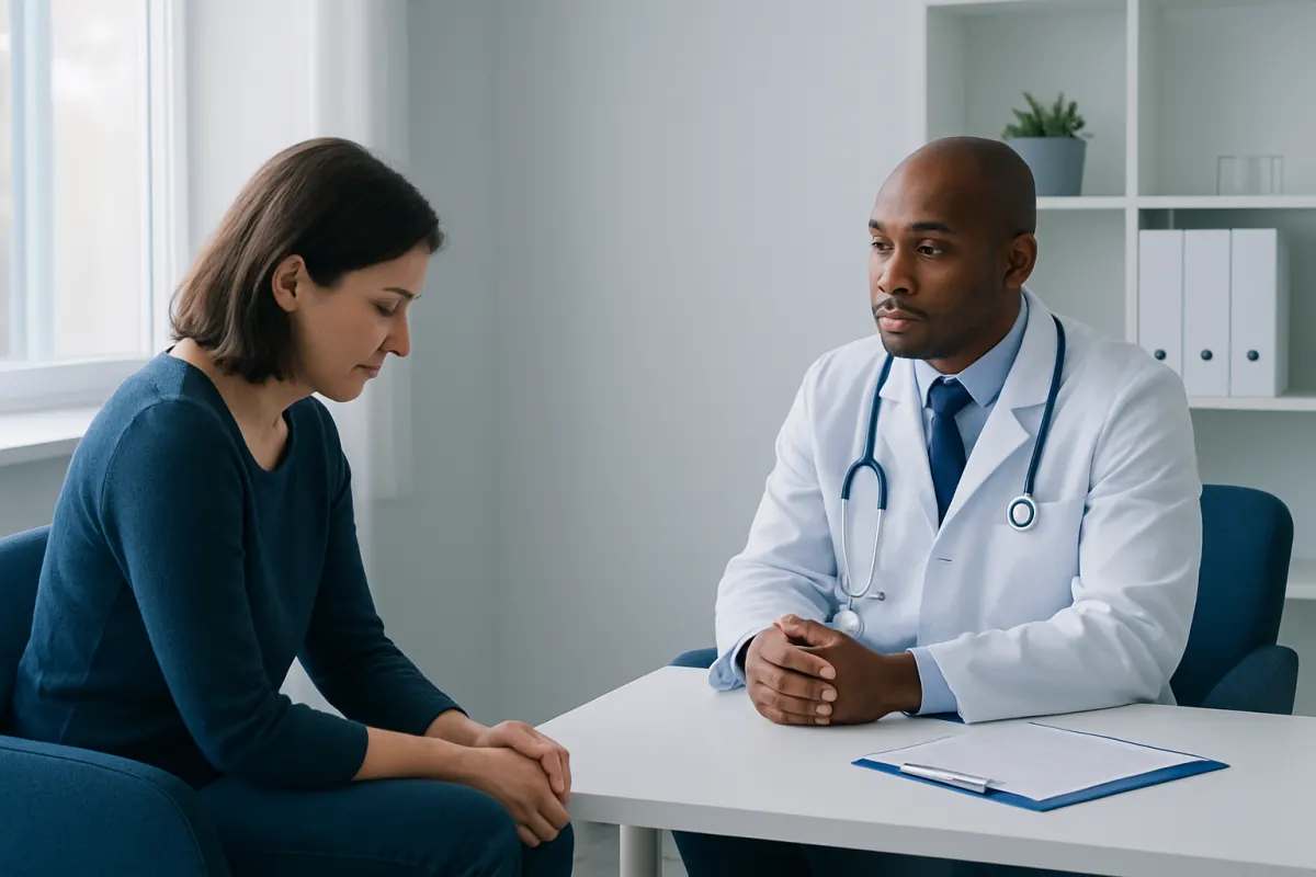 Doctor consulting with a female patient in a modern medical office.