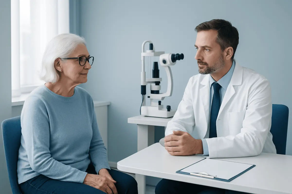 Ophthalmologist consulting elderly woman about eye health in clinic.