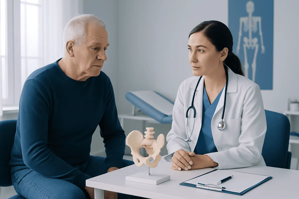 Urologist consulting with an elderly male patient about prostate health.
