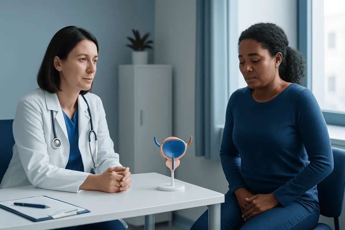 Doctor explaining urinary system model to patient in consultation room.