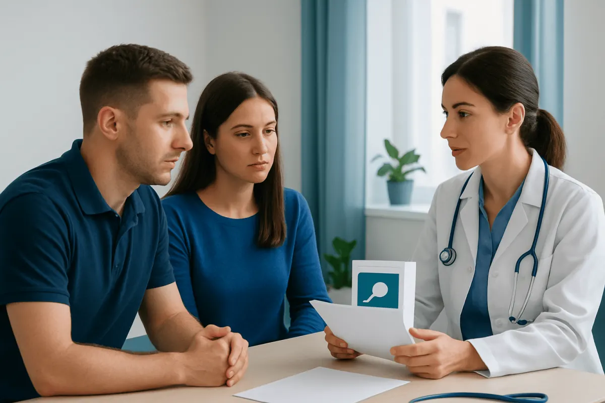 Doctor explaining sperm analysis results to a couple in a consultation room.