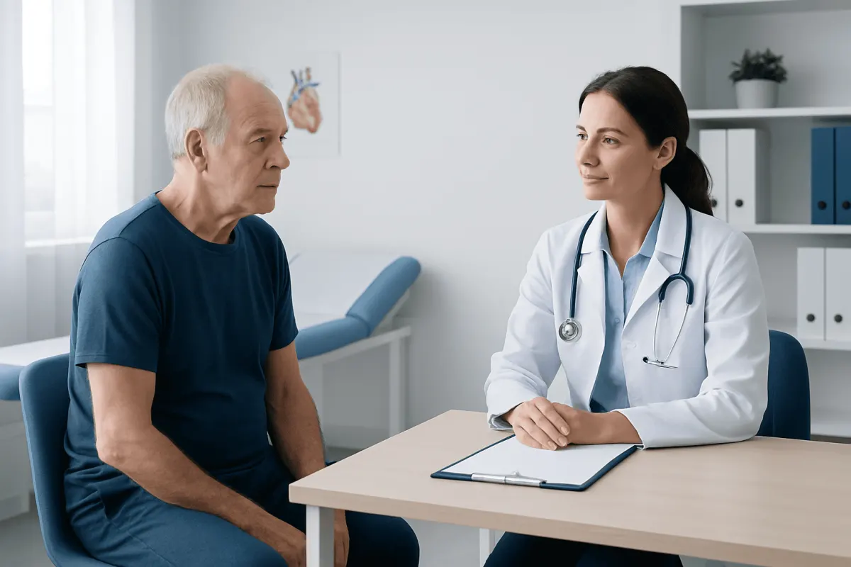 Doctor consulting with an elderly male patient in a medical office.