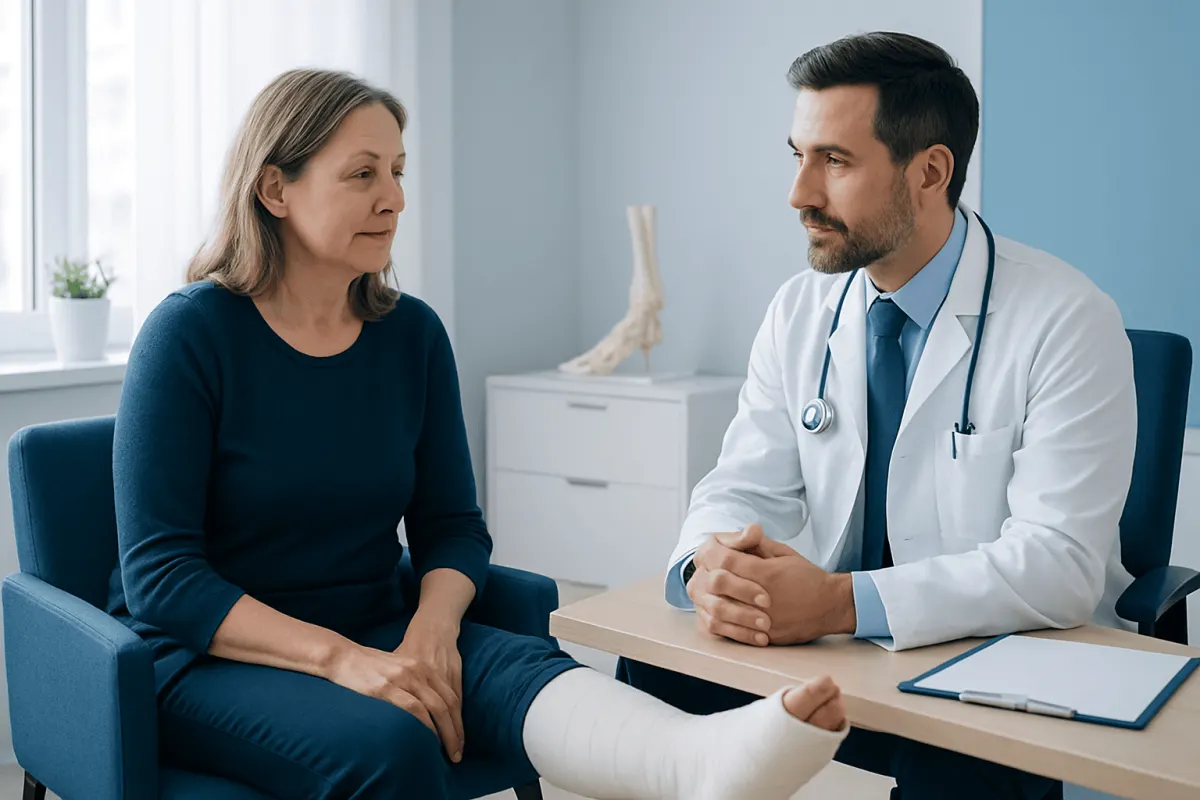 Doctor consulting with a patient with a leg injury in a medical office.
