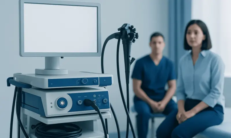 Medical ultrasound machine in a hospital setting with two healthcare professionals.