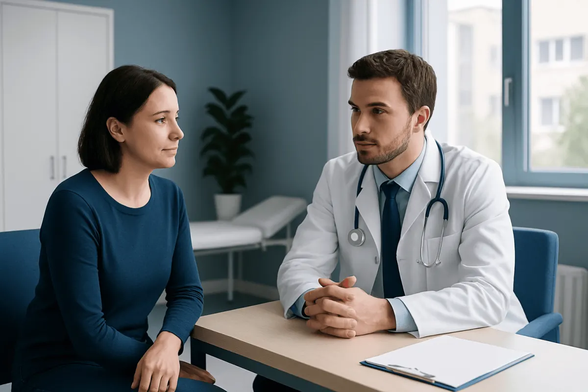 Doctor consulting with a female patient in a modern clinic setting.