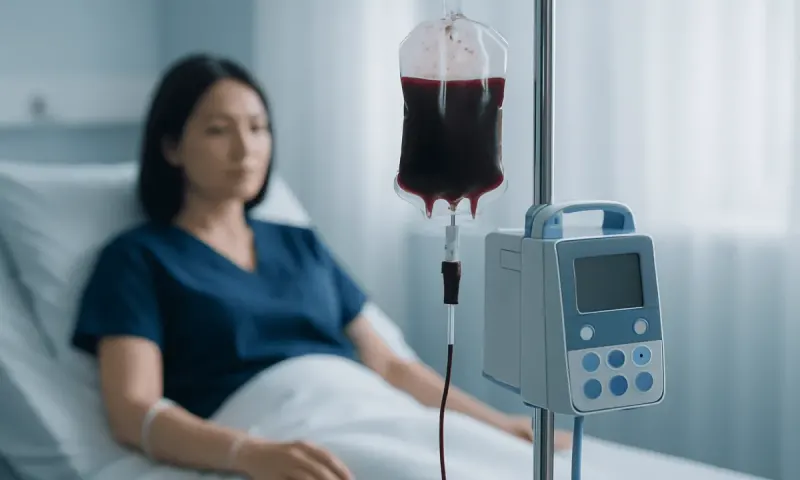 Patient receiving blood transfusion in hospital setting.