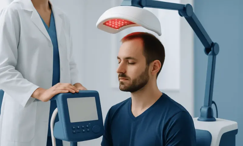 Patient undergoing hair loss treatment with LED light therapy device at Acibadem Hospital.