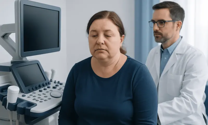 Woman undergoing thyroid examination with medical professional nearby.