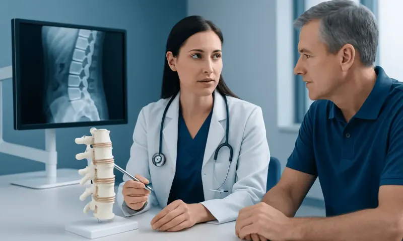 Doctor explaining lumbar spine MRI to patient in clinic.