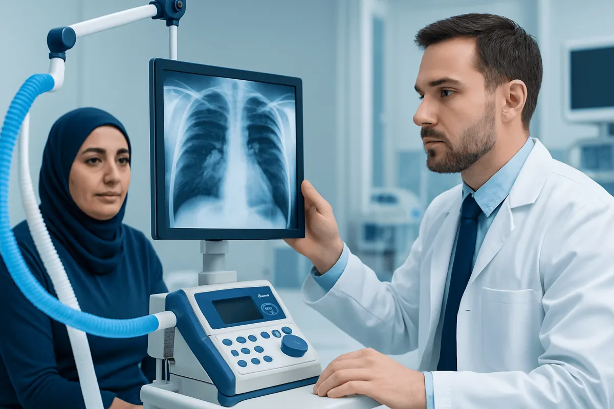 Doctor reviewing chest X-ray with female patient in hospital.