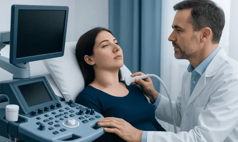 Doctor performing ultrasound examination on a patient in a hospital room.