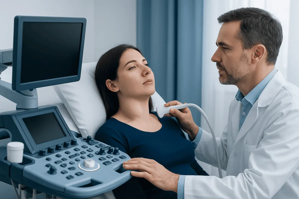 Doctor performing ultrasound examination on a patient in a hospital room.