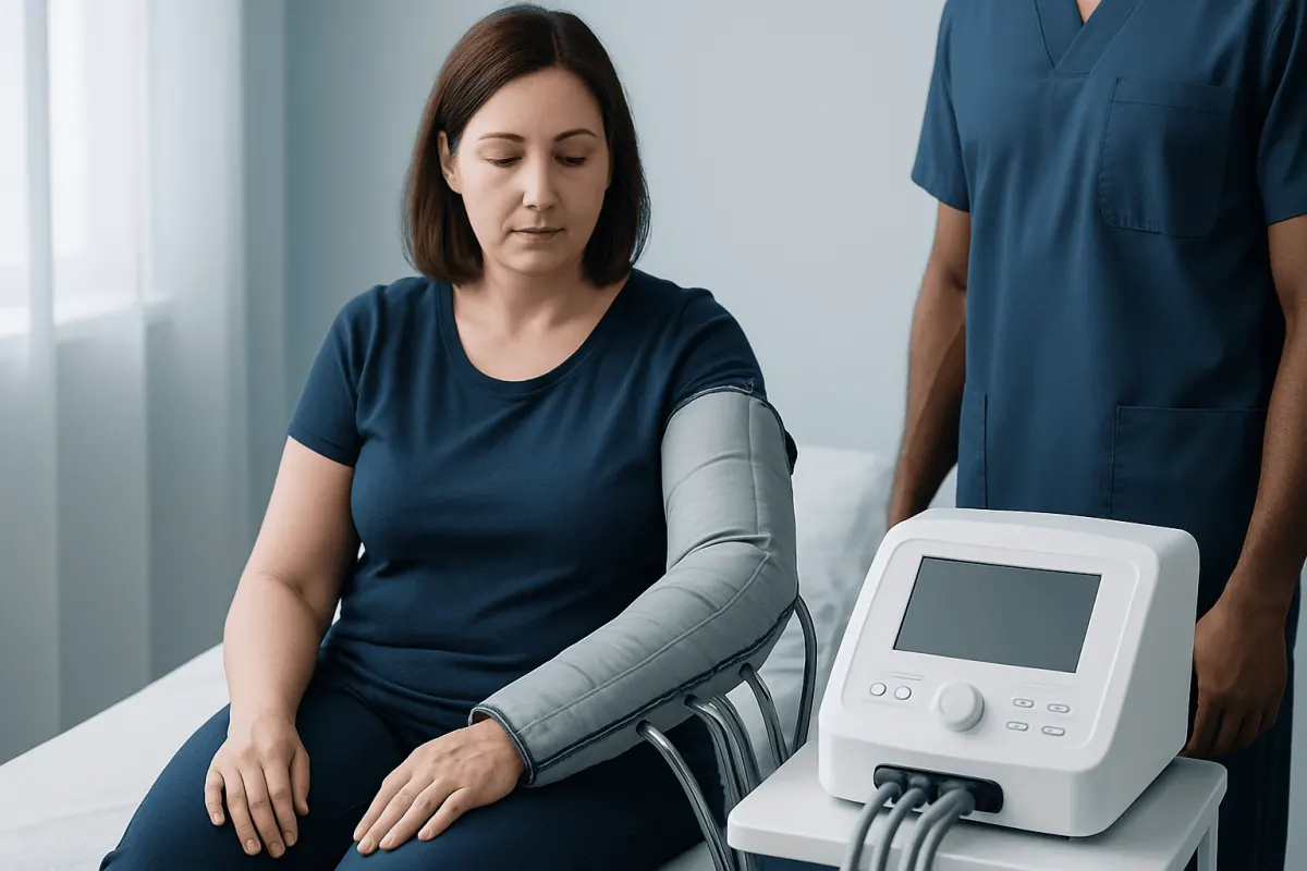 Patient receiving lymphedema treatment with medical device at Acibadem Hospital.