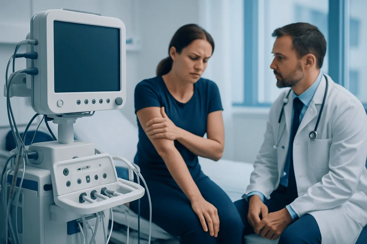 Doctor examining a woman with arm pain in a hospital room.