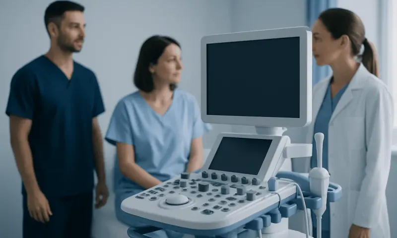 Medical team discussing ultrasound machine in hospital room.