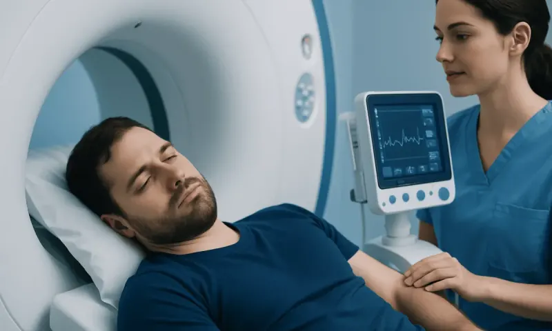 Patient undergoing MRI scan at Acibadem Hospital with medical staff monitoring.