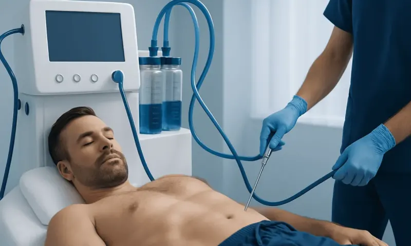 Male patient undergoing liposuction procedure at Acibadem Hospital.