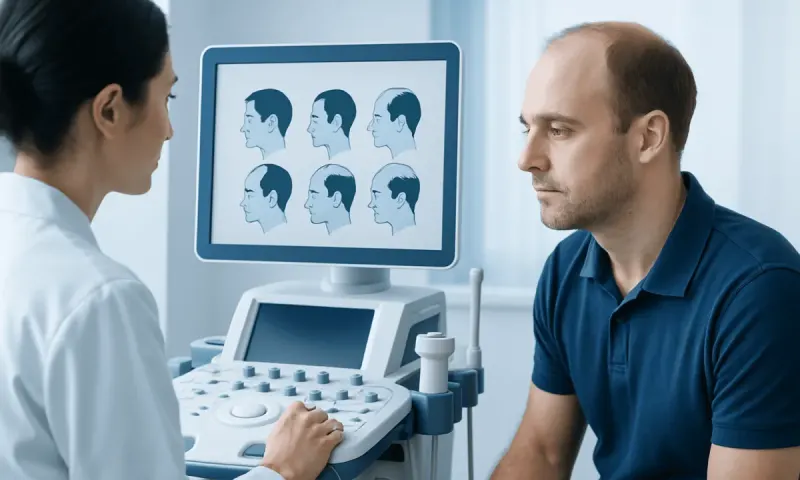 Male patient consulting with doctor about hair loss patterns and treatment options.