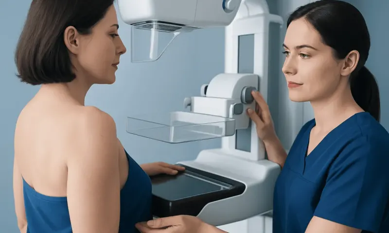 Woman undergoing mammogram with medical professional operating the machine.
