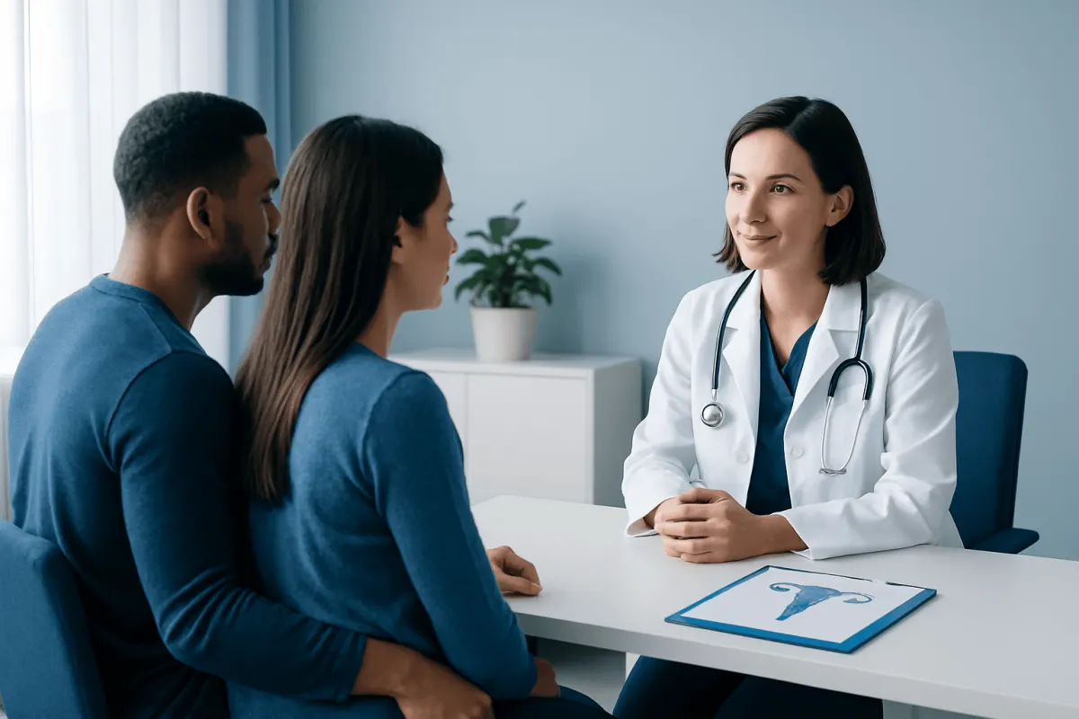 Doctor consulting with couple about fertility treatment options at Acibadem Hospital.