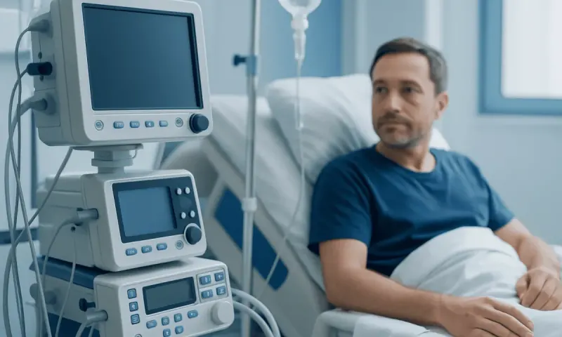 Patient in hospital bed with medical monitors and IV drip.