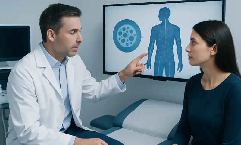 Doctor explaining mastocytosis to patient in a medical consultation.