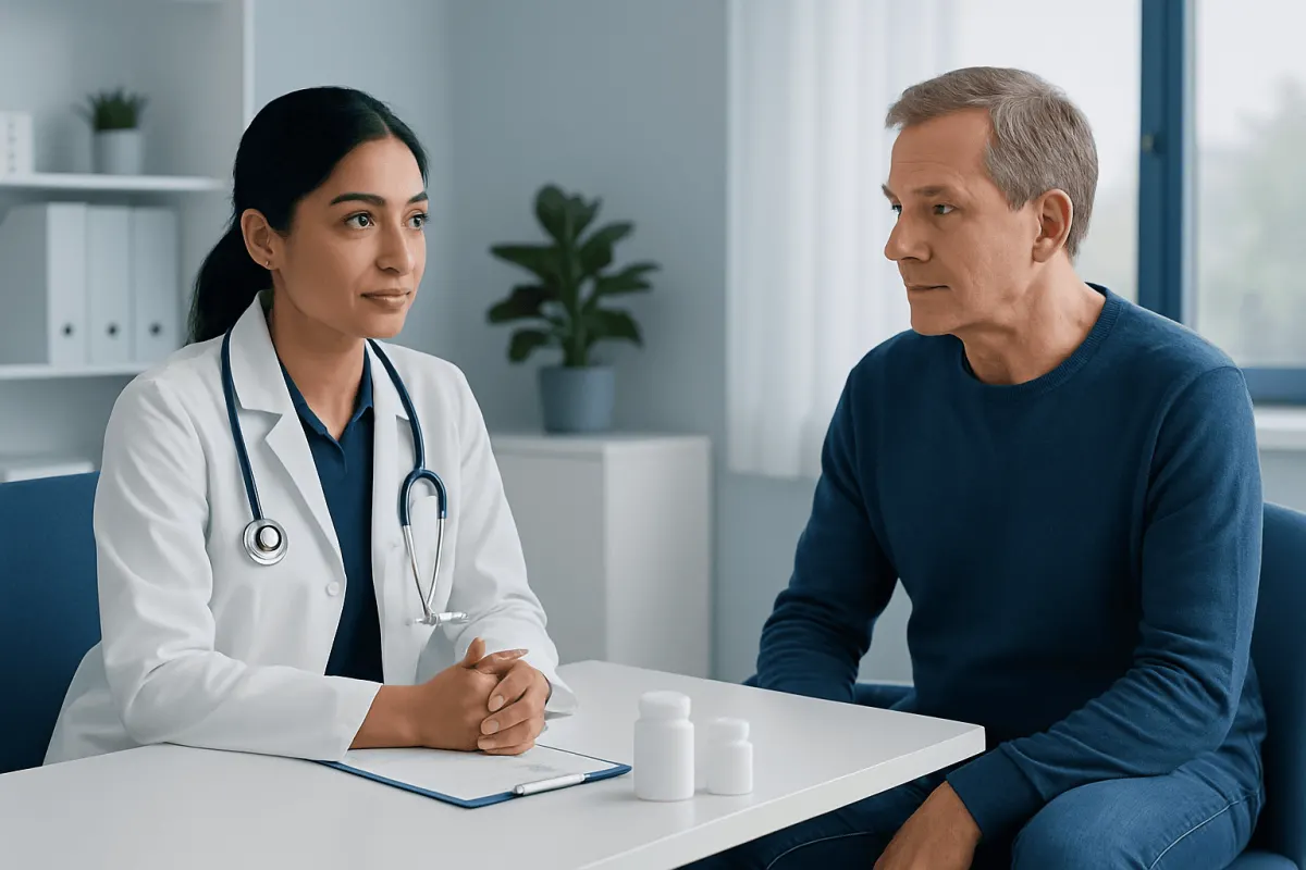 Doctor consulting with a male patient in a modern clinic setting.