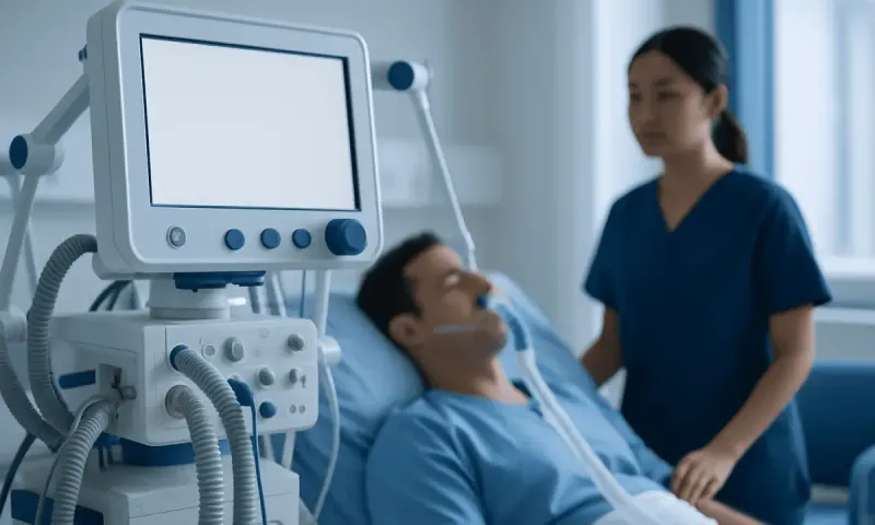 Hospital patient connected to ventilator with medical staff nearby.