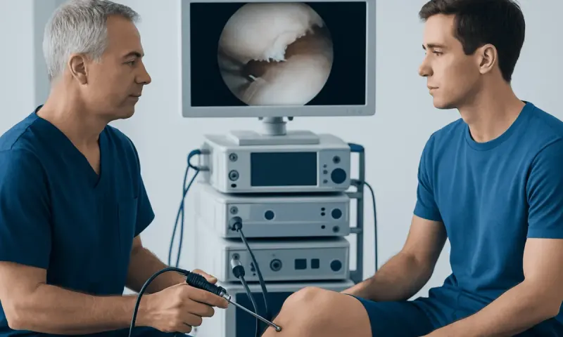 Orthopedic doctor performing knee arthroscopy on patient in clinic.