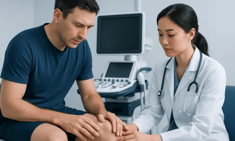 Doctor examining patient's knee in a medical consultation room.