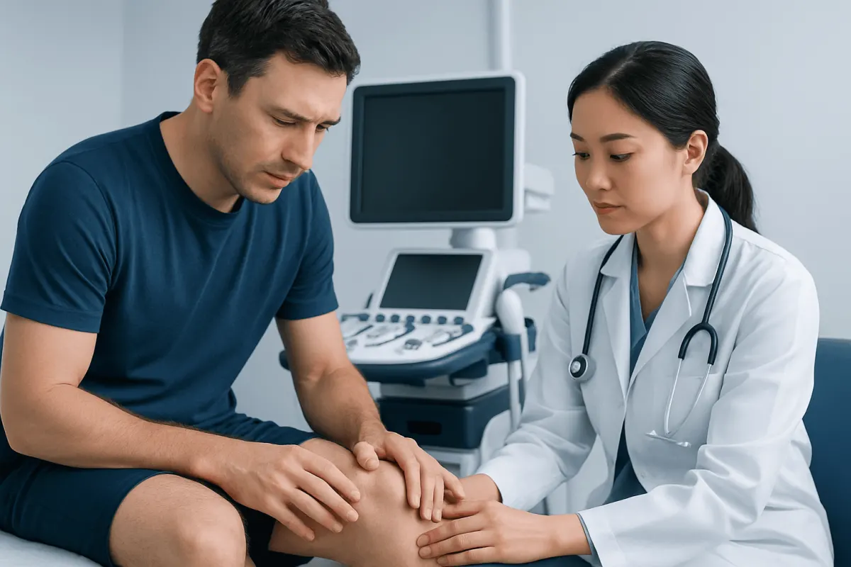 Doctor examining patient's knee in a medical consultation room.