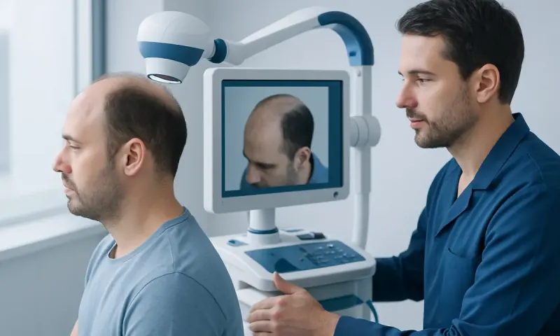Doctor examines male patient with hair loss using advanced scalp analysis device.