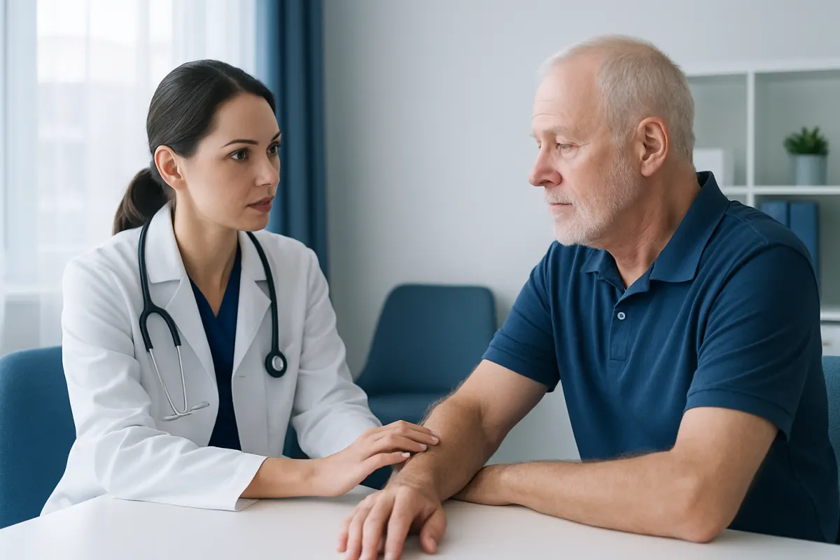Doctor consulting with an elderly male patient in a medical office.