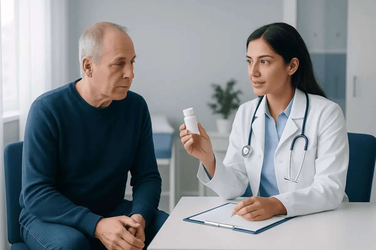 Doctor explaining medication to an elderly patient in a clinic setting.