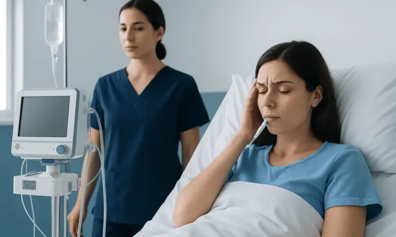 Patient with headache in hospital bed with medical staff nearby.