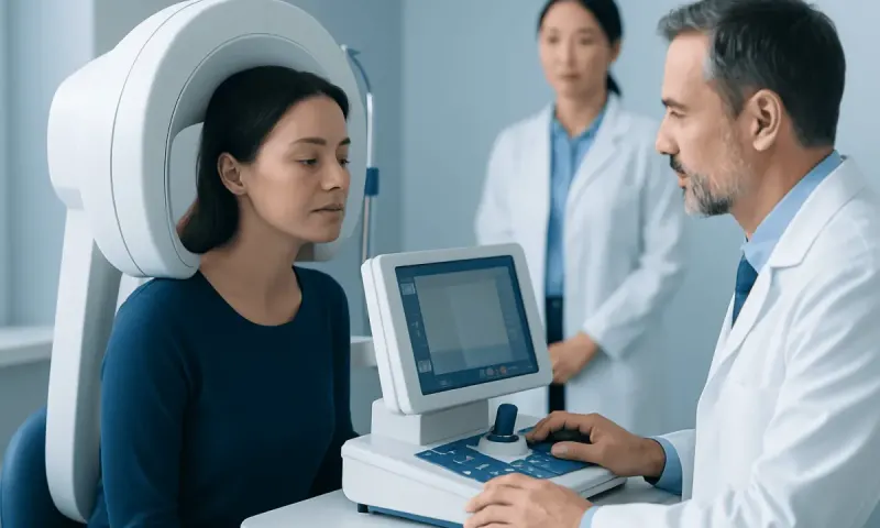 Patient undergoing a neurological exam with advanced medical equipment at Acibadem Hospital.