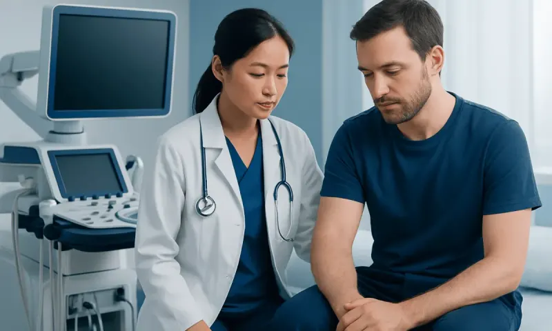 Doctor consulting with patient in a medical examination room.