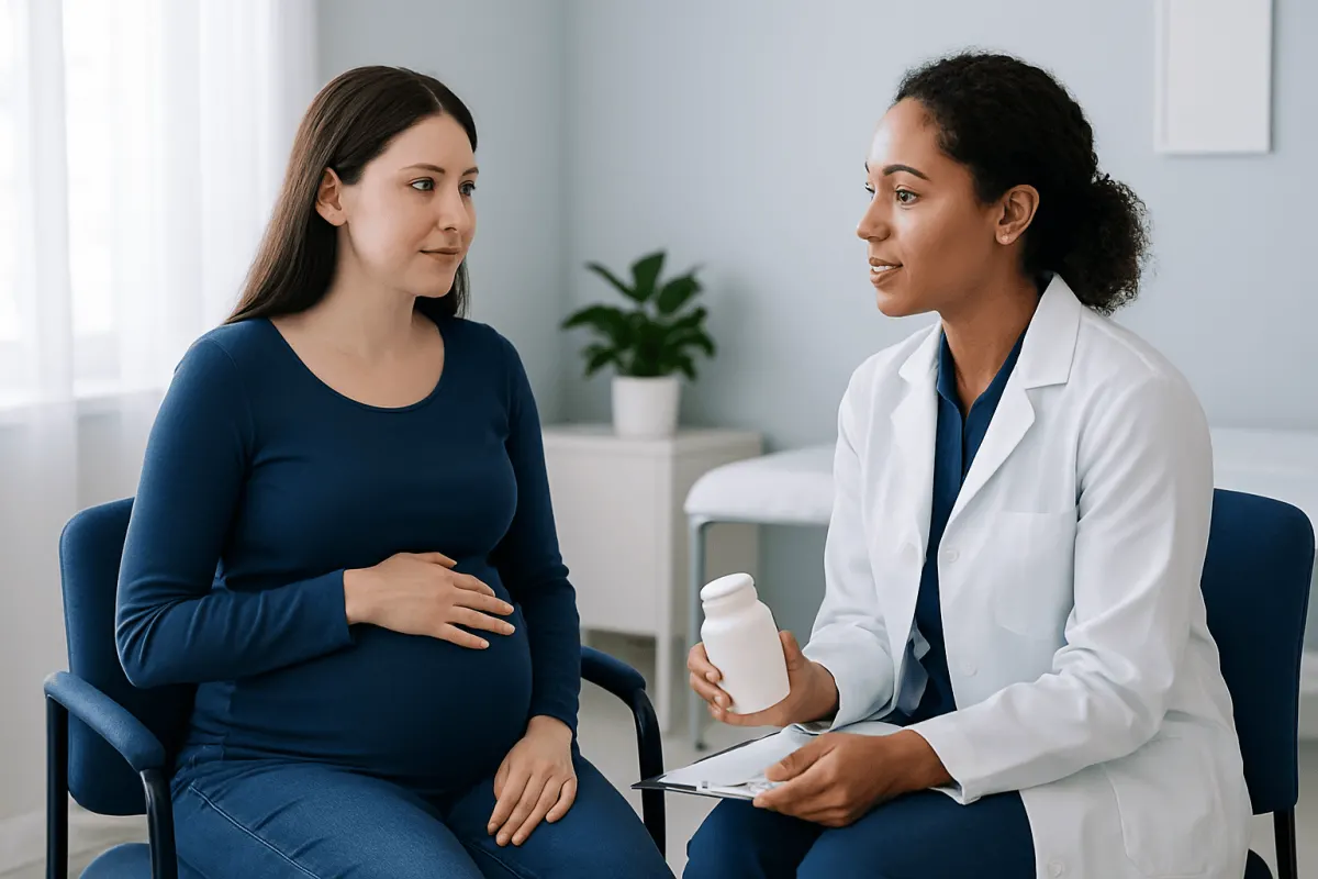 Pregnant woman consulting with a doctor about health concerns.