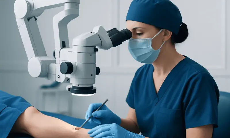 Surgeon performing Mohs surgery on lower leg with microscope.