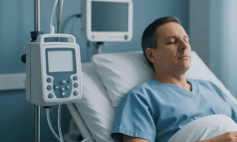 Patient resting in hospital bed with medical monitoring equipment nearby.